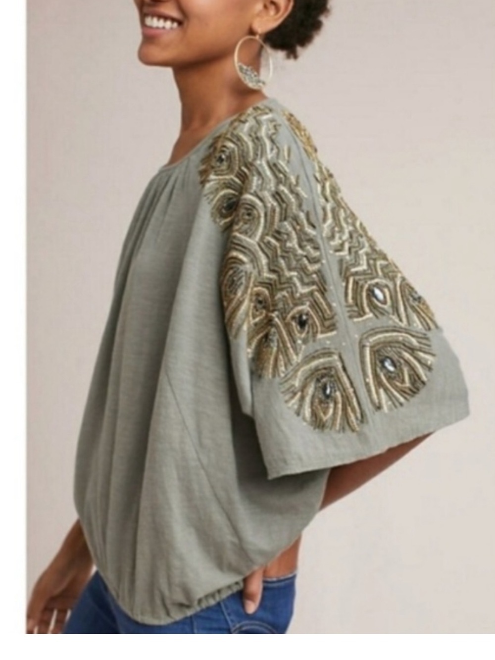 Anthropologie Embellished Olive Green Flutter-Sleeve Top
